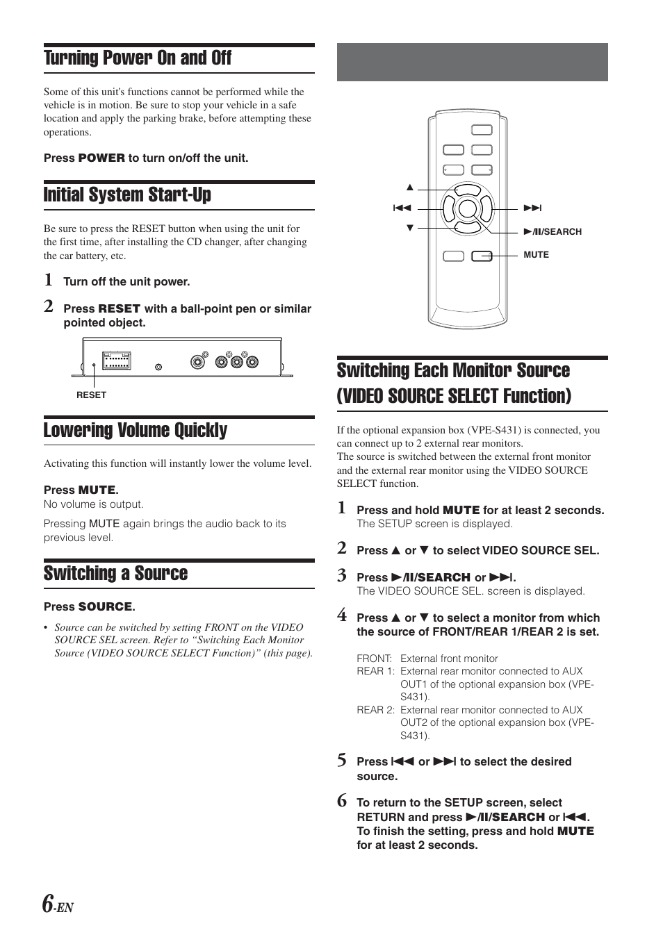 Other useful features, Turning power on and off, Initial system start-up | Lowering volume quickly, Switching a source | Alpine VPA-B211A User Manual | Page 7 / 29