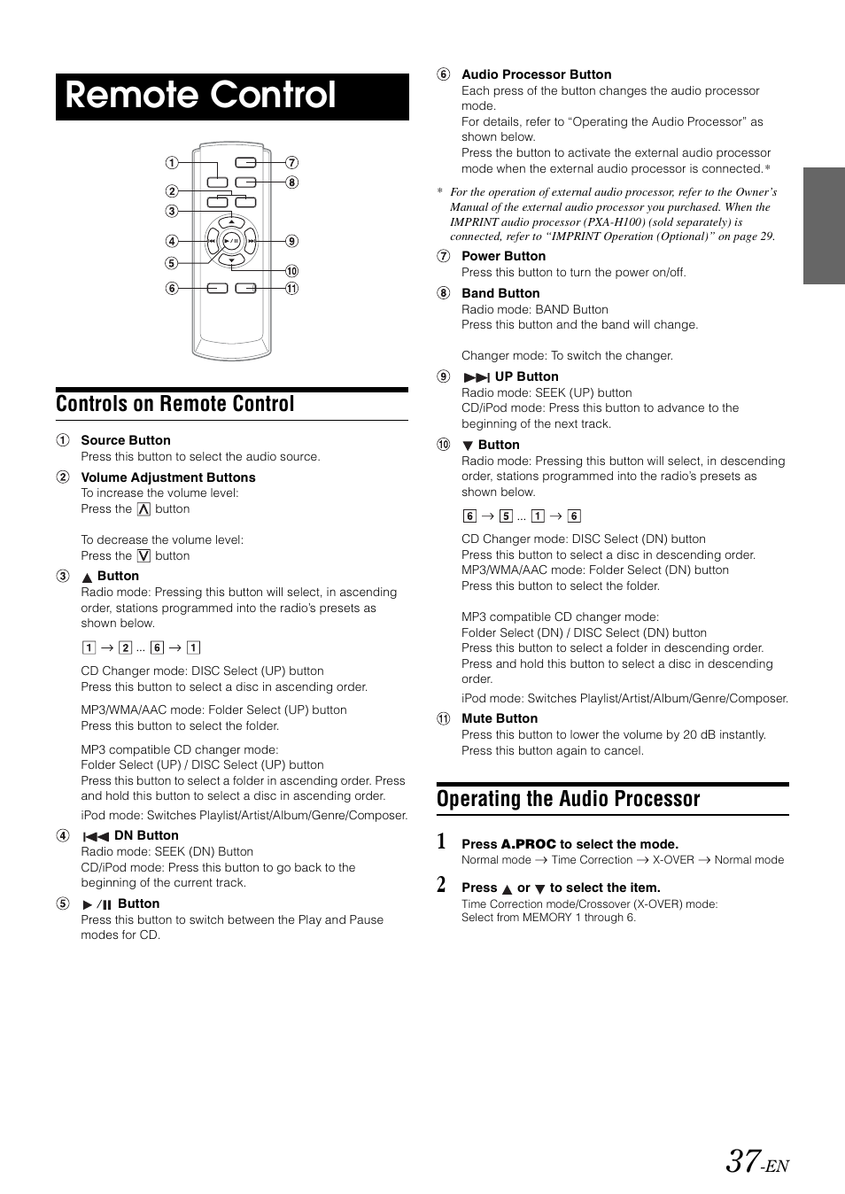Remote control, Controls on remote control, Operating the audio processor | Alpine CDA-9886M User Manual | Page 39 / 50