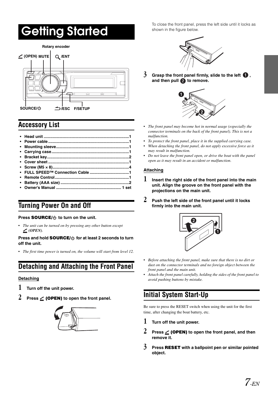 Getting started, Accessory list, Turning power on and off | Detaching and attaching the front panel, Initial system start-up | Alpine CDA-9886M User Manual | Page 9 / 50