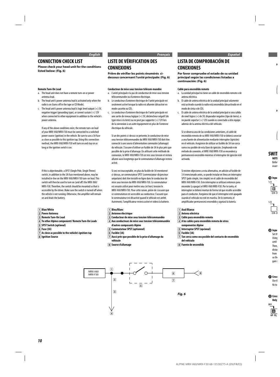 Connection check list, Liste de vérification des connexions, Lista de comprobación de conexiones | Swit | Alpine MRX-F30 User Manual | Page 10 / 20