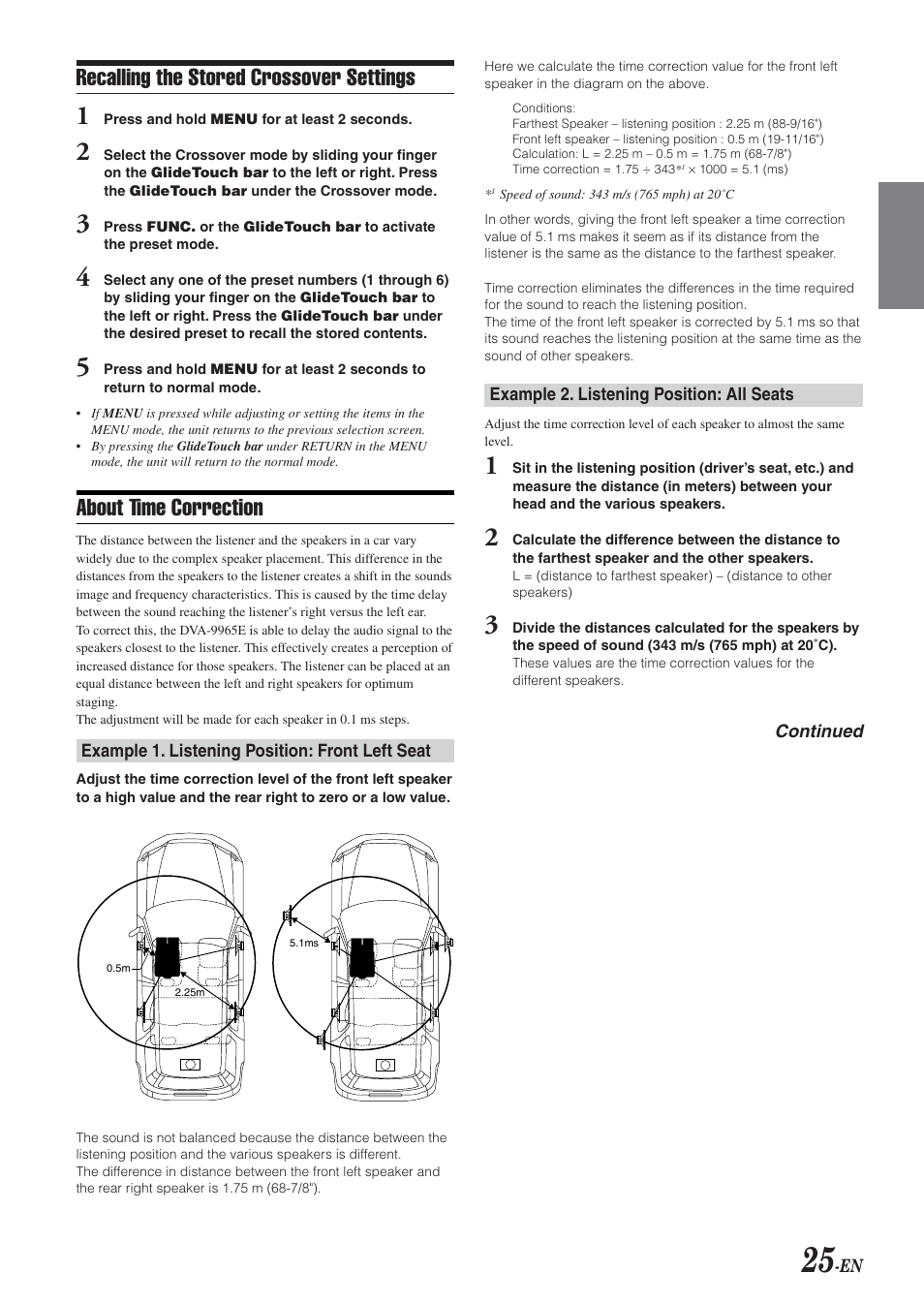 Recalling the stored crossover settings, About time correction | Alpine DVA-9965E User Manual | Page 27 / 70
