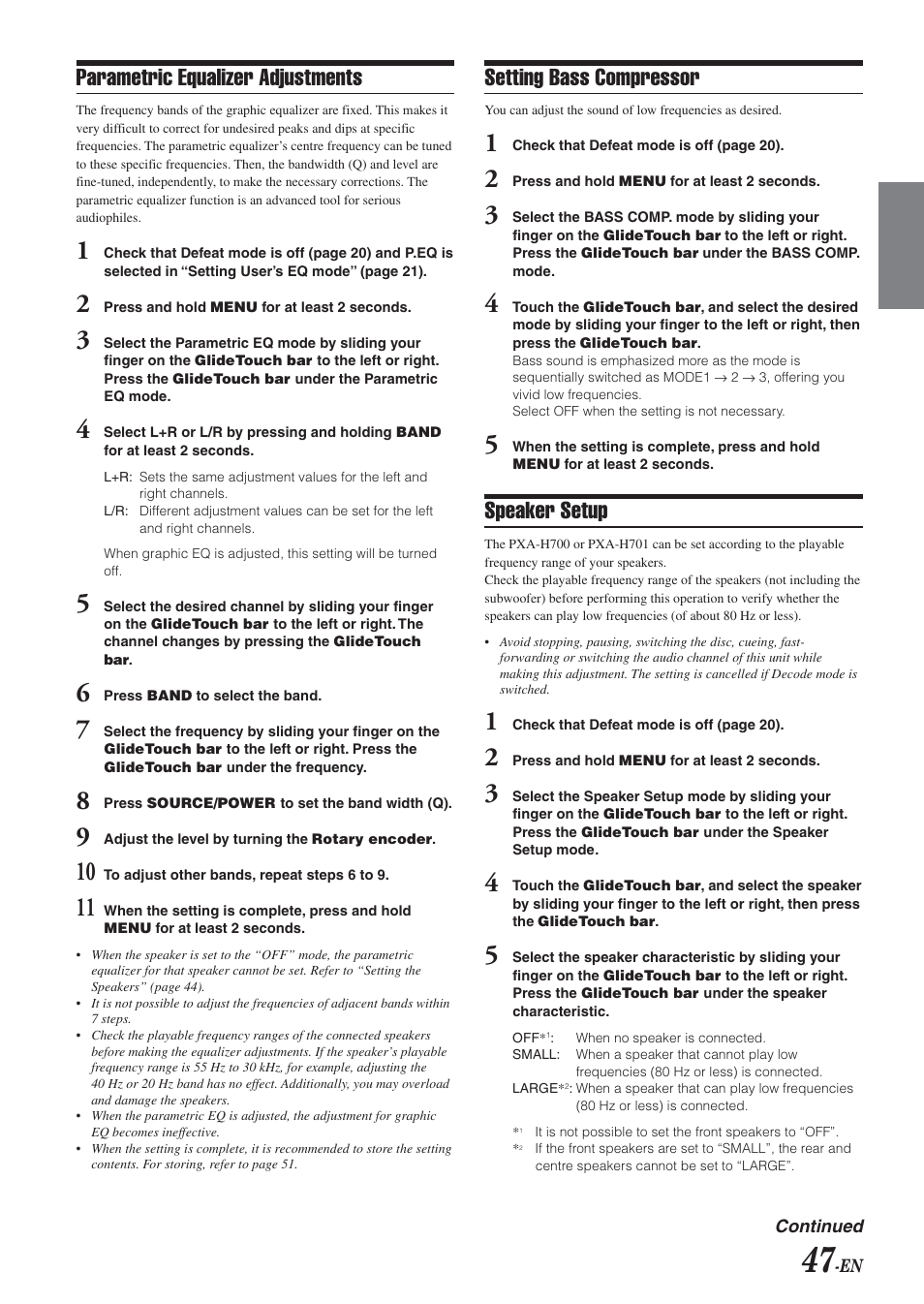 Parametric equalizer adjustments, Setting bass compressor, Speaker setup | Alpine DVA-9965E User Manual | Page 49 / 70
