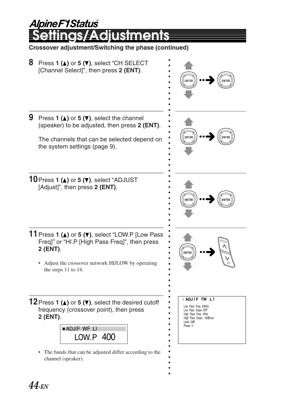 Settings/adjustments, Low. p | Alpine F1 STATUS PXI-H990 User Manual | Page 48 / 116