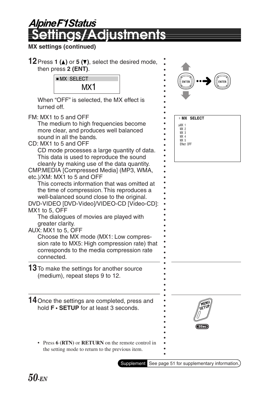 Settings/adjustments | Alpine F1 STATUS PXI-H990 User Manual | Page 54 / 116