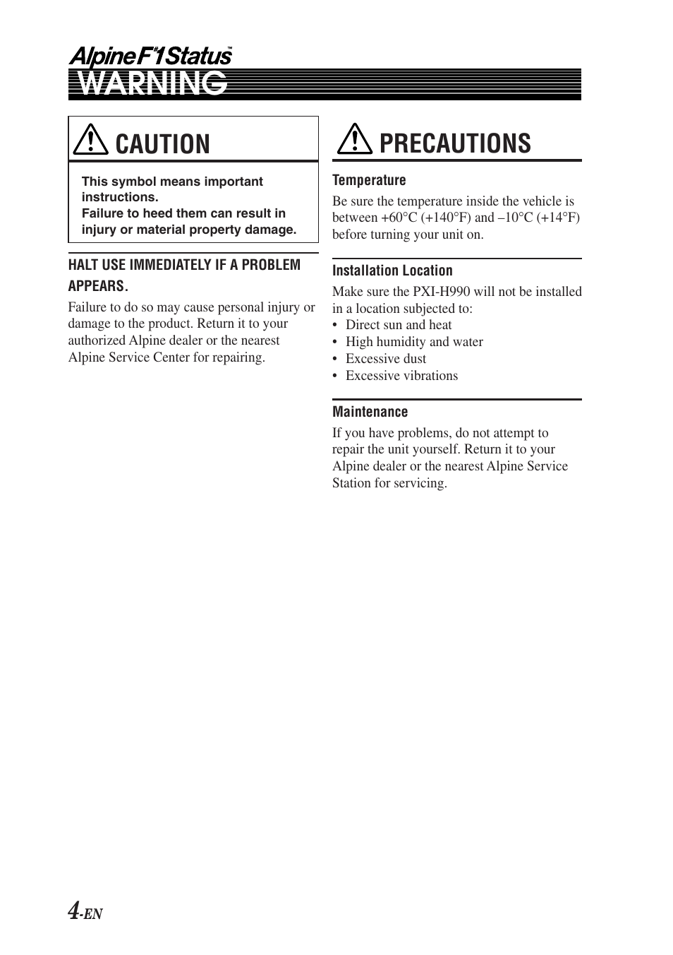 Warning, Caution, Precautions | Alpine F1 STATUS PXI-H990 User Manual | Page 8 / 116