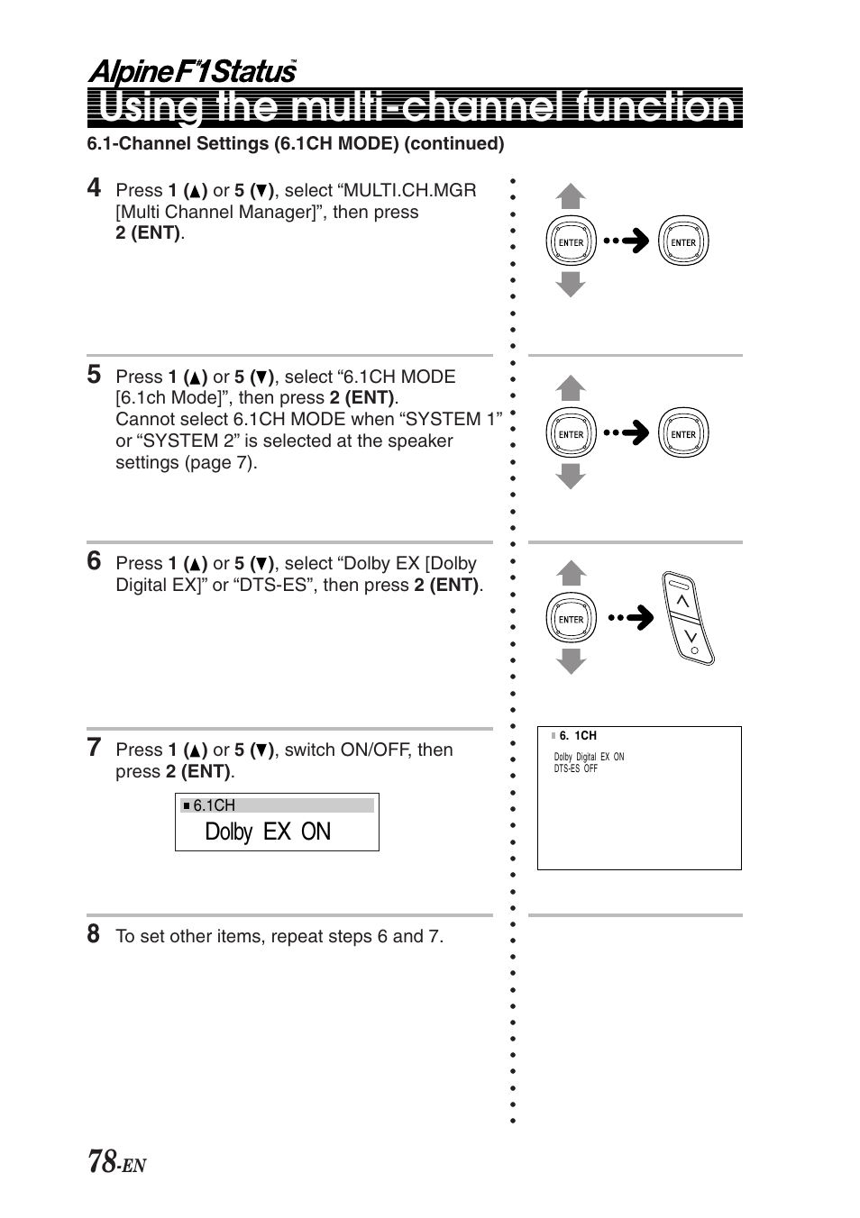 Using the multi-channel function, Dolby ex on | Alpine F1 STATUS PXI-H990 User Manual | Page 82 / 116