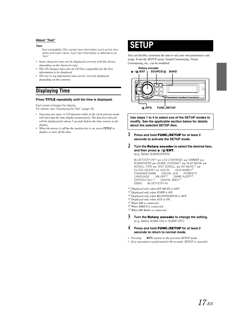Displaying the time, Setup menu, Navigating the menu | Setup, Displaying time | Alpine CDA-9883 User Manual | Page 18 / 39