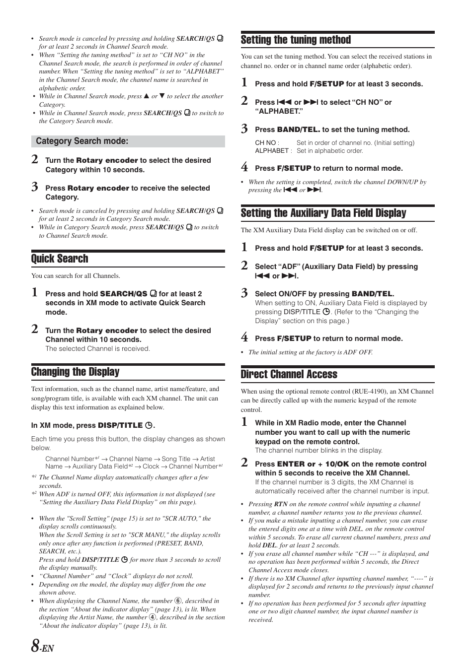 Quick search, Changing the display, Setting the tuning method | Setting the auxiliary data field display, Direct channel access | Alpine CDA-9820XM User Manual | Page 10 / 30