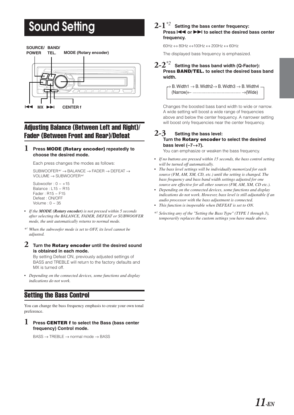 Sound setting, Setting the bass control | Alpine CDA-9820XM User Manual | Page 13 / 30