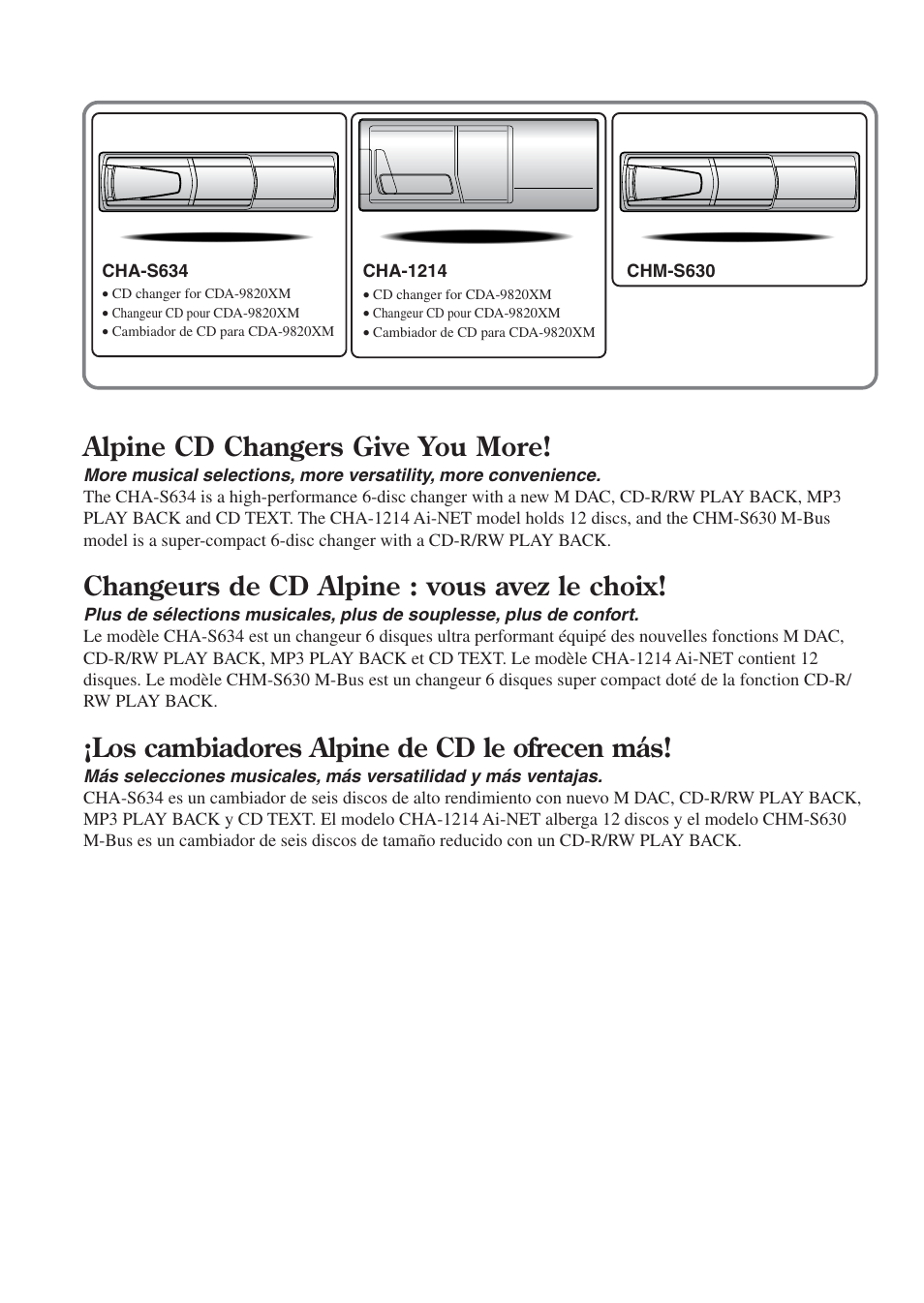 Alpine cd changers give you more, Changeurs de cd alpine : vous avez le choix, Los cambiadores alpine de cd le ofrecen más | Alpine CDA-9820XM User Manual | Page 2 / 30