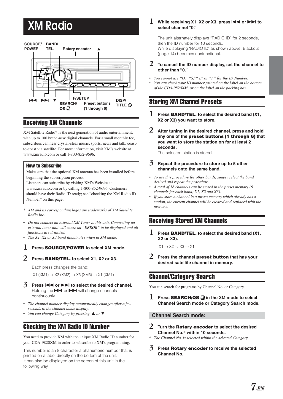 Xm radio, Receiving xm channels, Checking the xm radio id number | Storing xm channel presets, Receiving stored xm channels, Channel/category search | Alpine CDA-9820XM User Manual | Page 9 / 30
