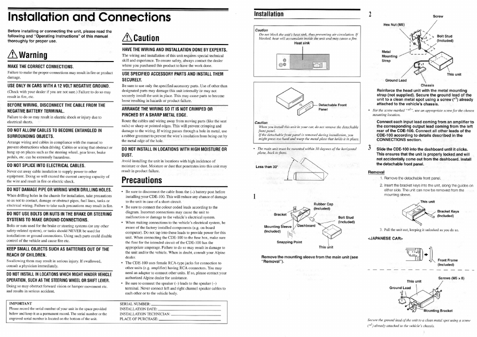 Installation, Installation and connections, Acaution a warning | Precautions | Alpine CDE-100 User Manual | Page 10 / 12