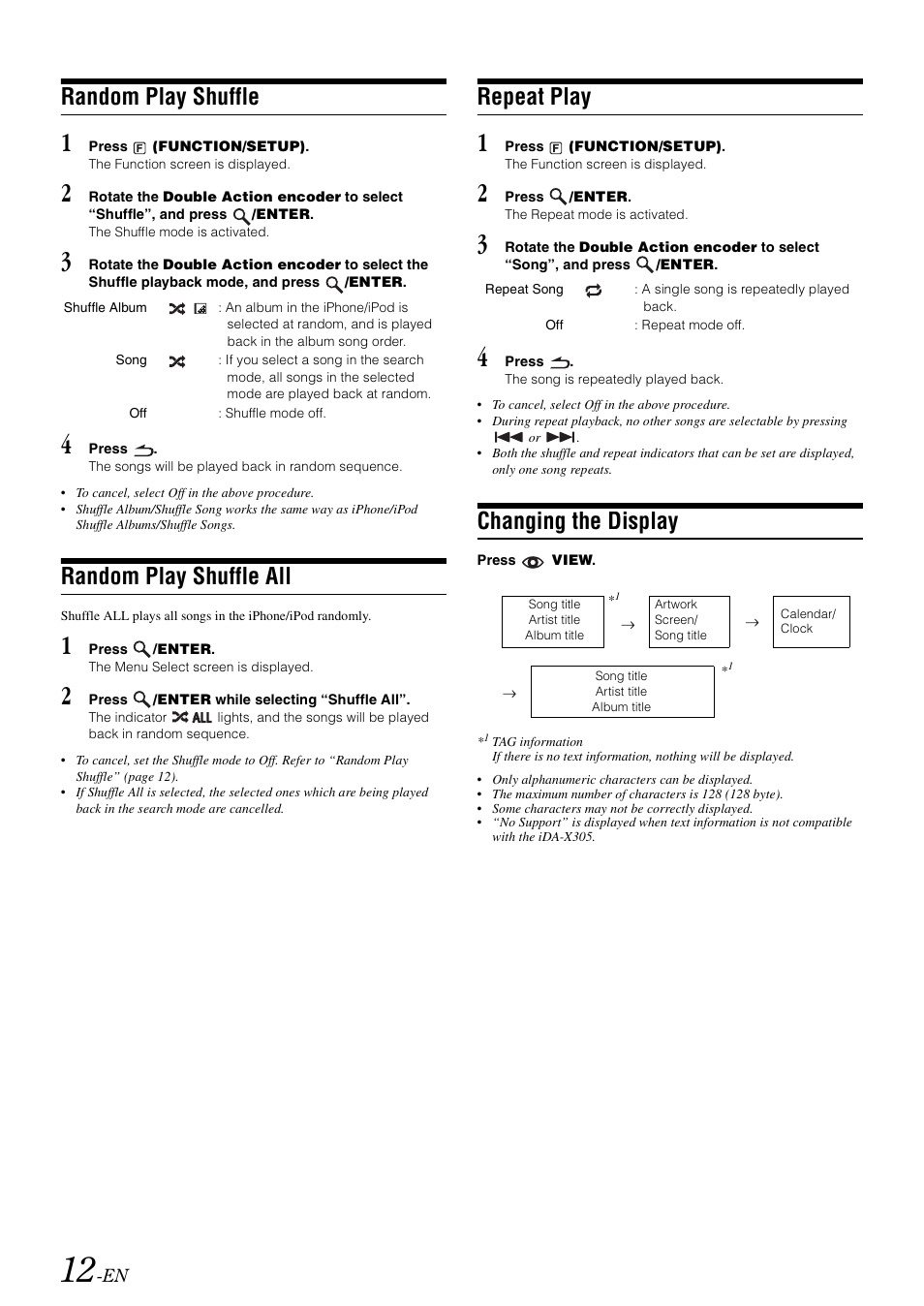 Random play shuffle, Random play shuffle all, Repeat play | Changing the display | Alpine iDA-305 User Manual | Page 14 / 48