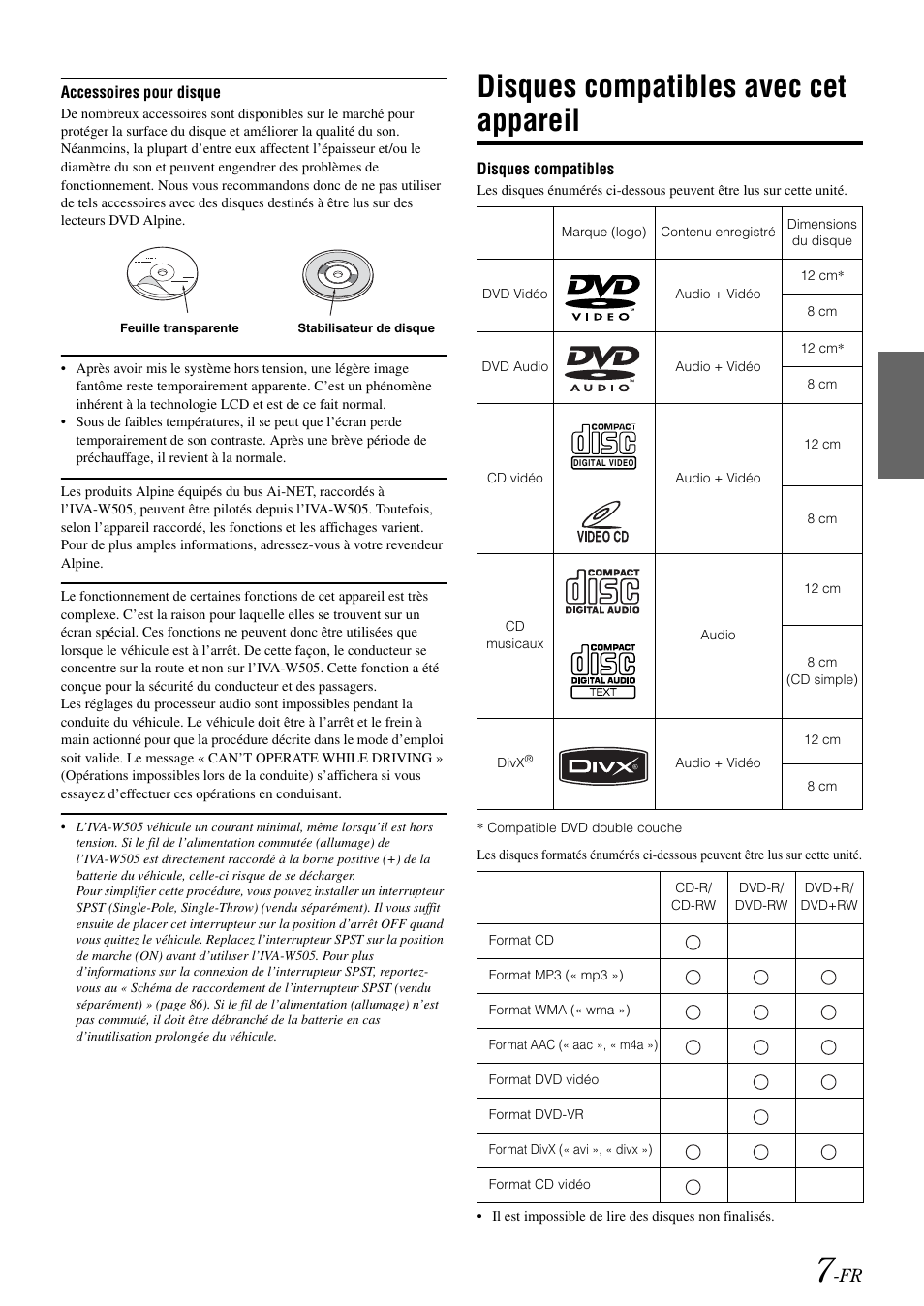 Disques compatibles avec cet appareil, Disques compatibles avec cet, Appareil | Alpine IVA-W505 User Manual | Page 104 / 284
