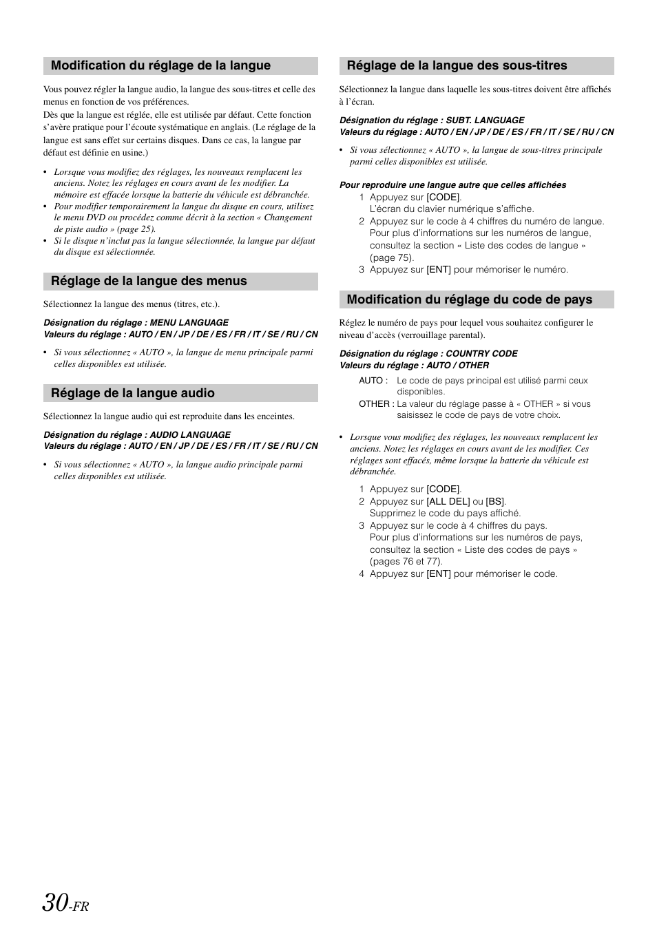 Modification du réglage de la langue, Réglage de la langue des menus, Réglage de la langue audio | Réglage de la langue des sous-titres, Modification du réglage du code de pays | Alpine IVA-W505 User Manual | Page 127 / 284