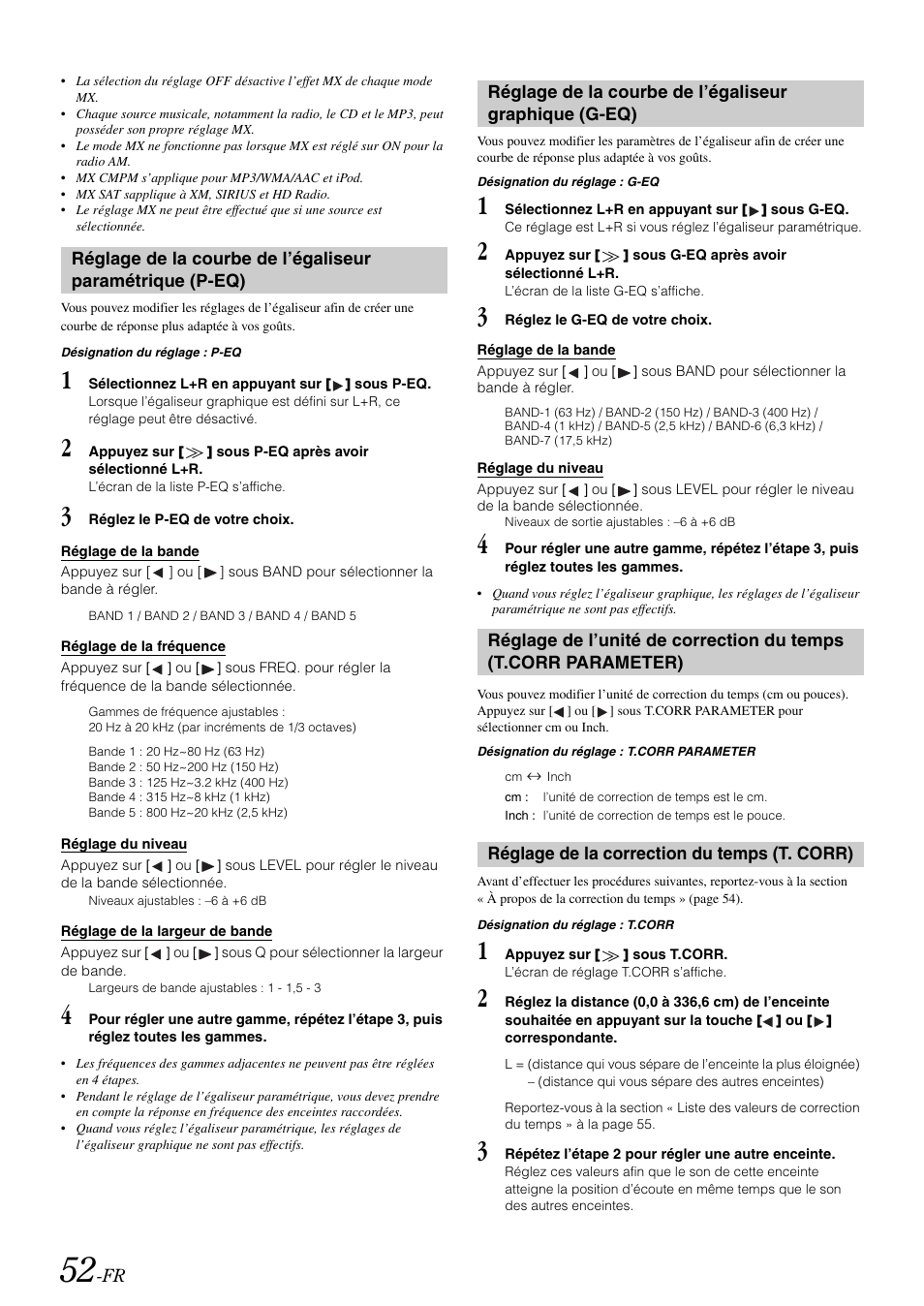 Réglage de la correction du temps (t. corr), Réglage de la courbe de l’égaliseur, Paramétrique (p-eq) | Réglage de la courbe de l’égaliseur graphique, G-eq), Réglage de l’unité de correction du temps, T.corr parameter), Réglage de la correction du temps, T. corr) | Alpine IVA-W505 User Manual | Page 149 / 284
