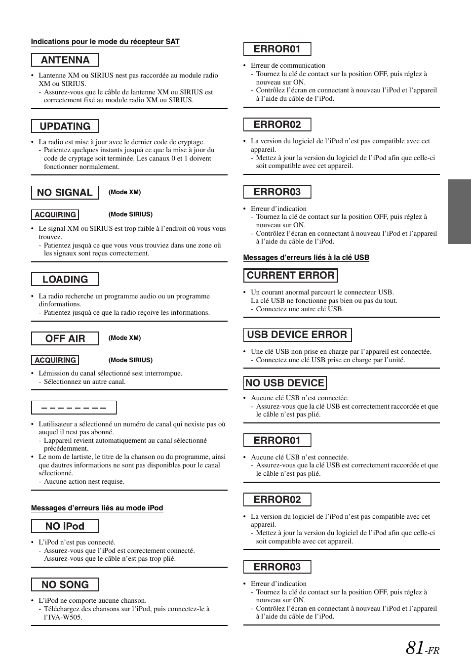 3current error usb device error no usb device 3 | Alpine IVA-W505 User Manual | Page 178 / 284