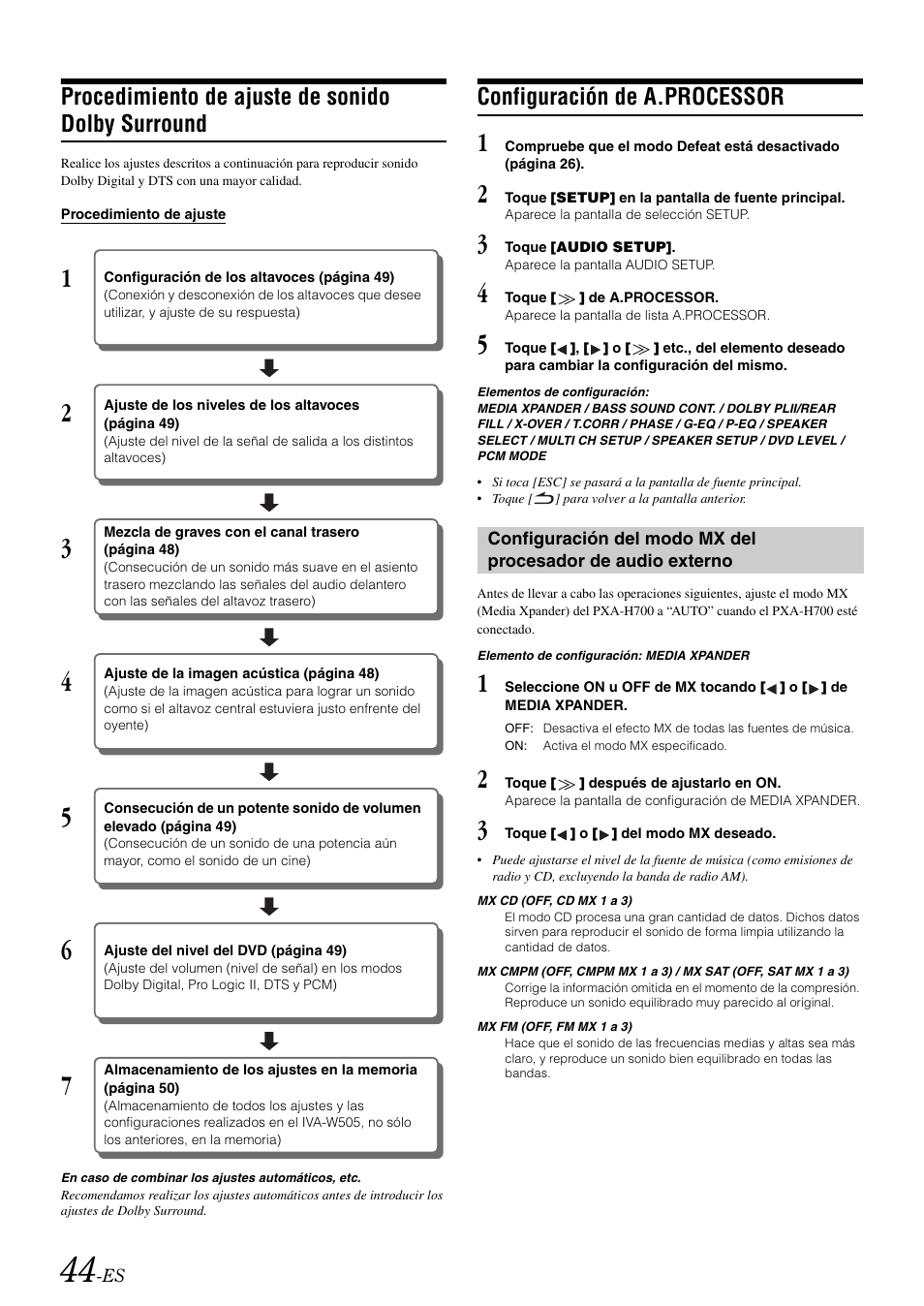 Procedimiento de ajuste de sonido dolby surround, Configuración de a.processor, Procedimiento de ajuste de sonido dolby | Surround | Alpine IVA-W505 User Manual | Page 236 / 284
