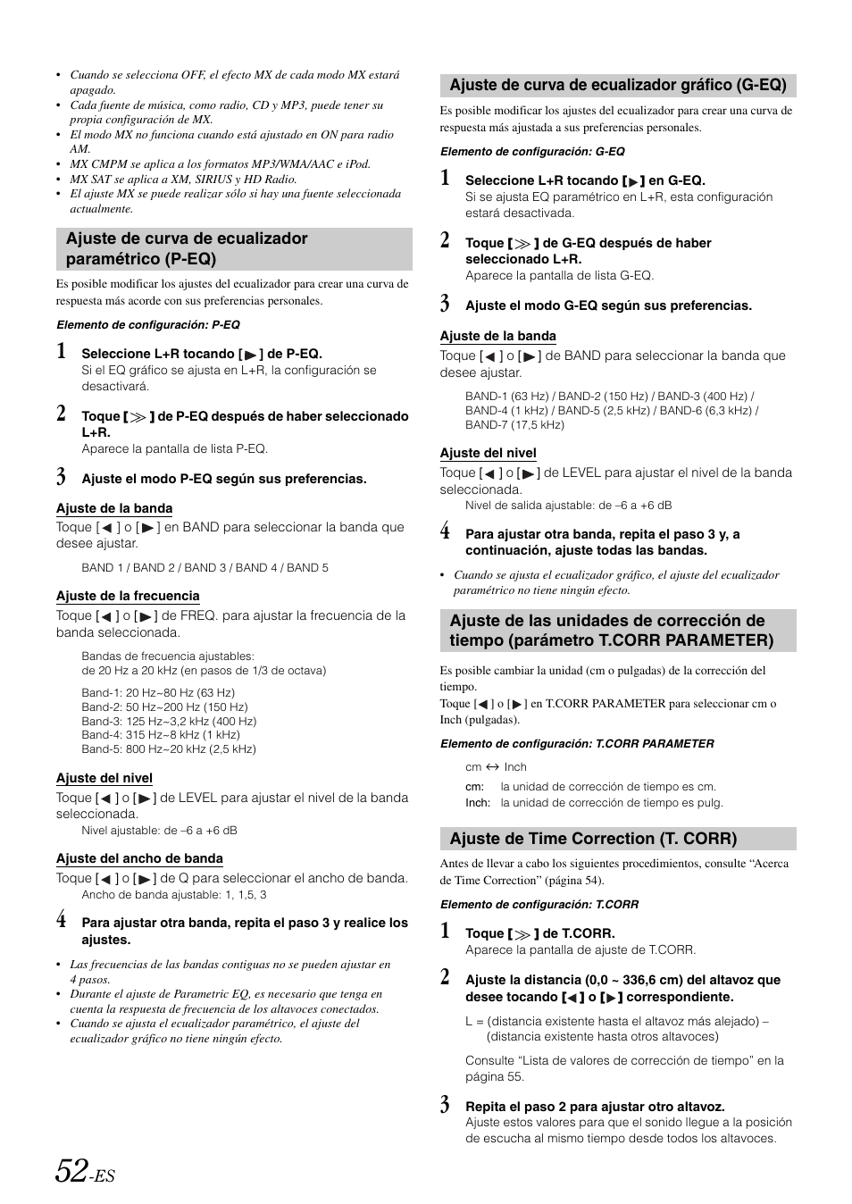 Ajuste de curva de ecualizador paramétrico (p-eq), Ajuste de curva de ecualizador gráfico (g-eq), Ajuste de time correction (t. corr) | Ajuste de curva de ecualizador paramétrico, P-eq), Ajuste de curva de ecualizador gráfico, G-eq), Ajuste de las unidades de corrección de tiempo, Parámetro t.corr parameter) | Alpine IVA-W505 User Manual | Page 244 / 284