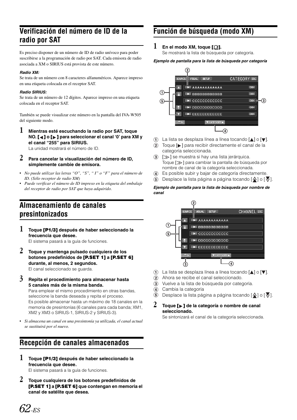 Verificación del número de id de la radio por sat, Almacenamiento de canales presintonizados, Recepción de canales almacenados | Función de búsqueda (modo xm), Verificación del número de id de la radio por, Almacenamiento de canales, Presintonizados | Alpine IVA-W505 User Manual | Page 254 / 284