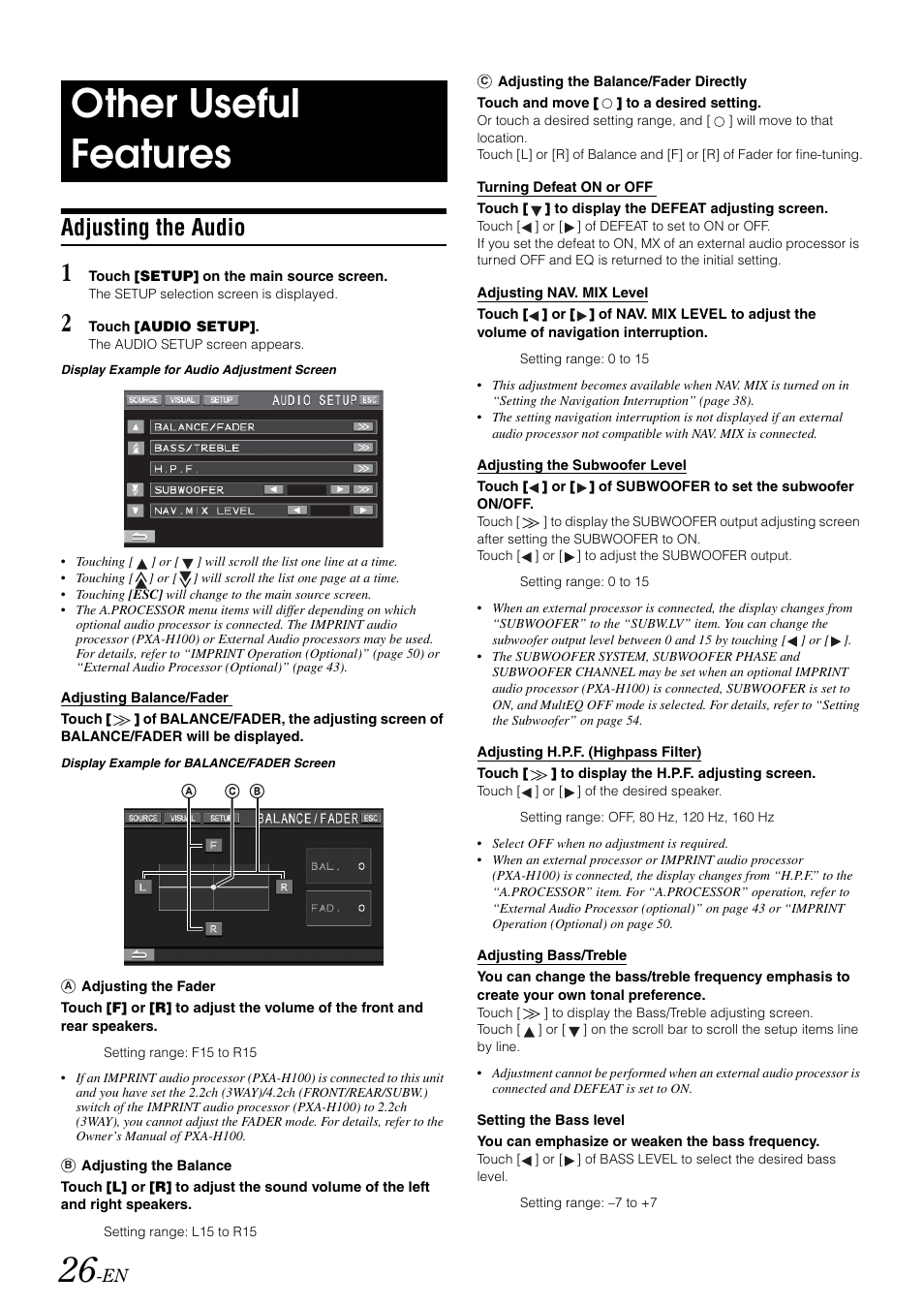 Other useful features, Adjusting the audio | Alpine IVA-W505 User Manual | Page 28 / 284