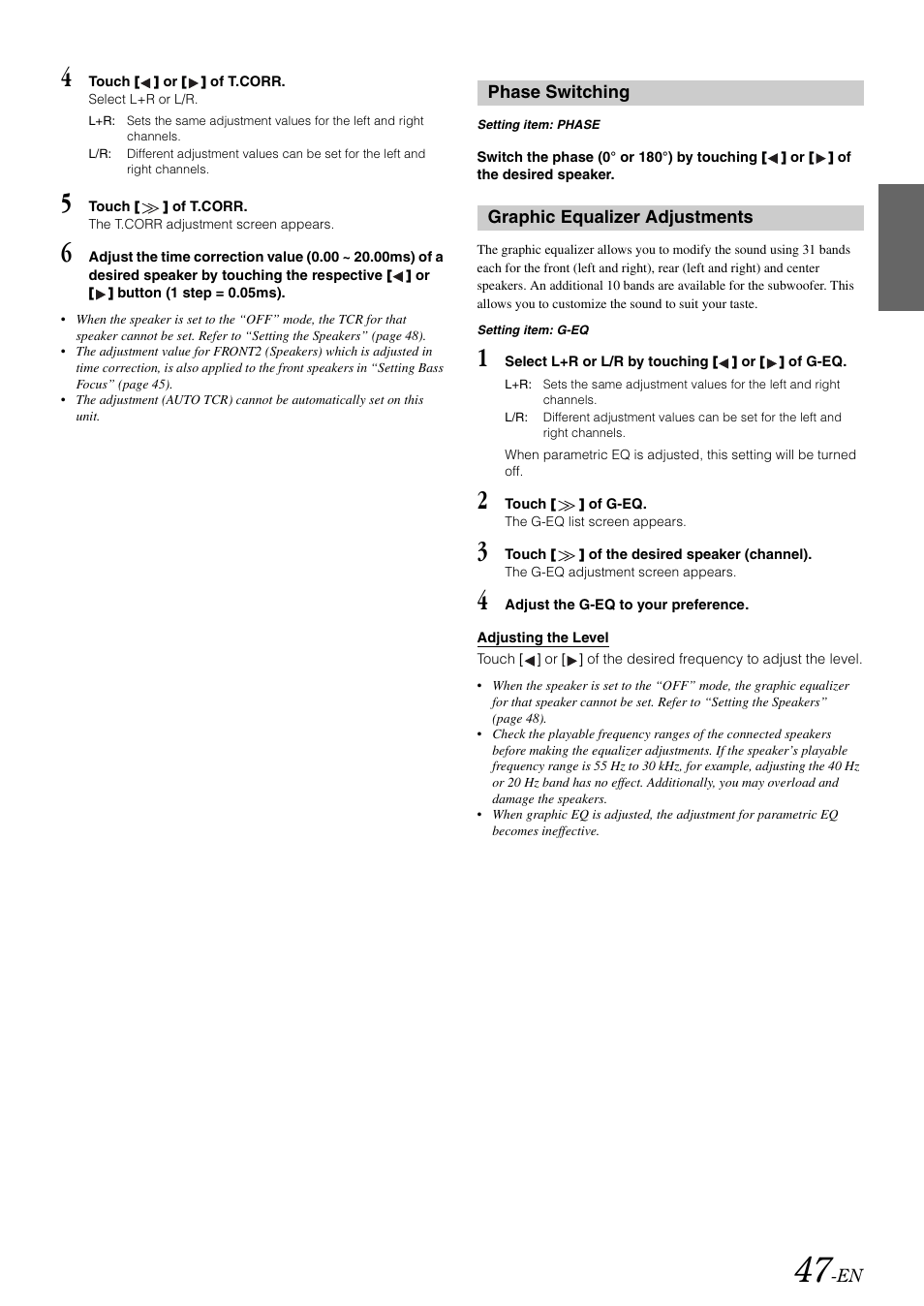 Phase switching, Graphic equalizer adjustments | Alpine IVA-W505 User Manual | Page 49 / 284