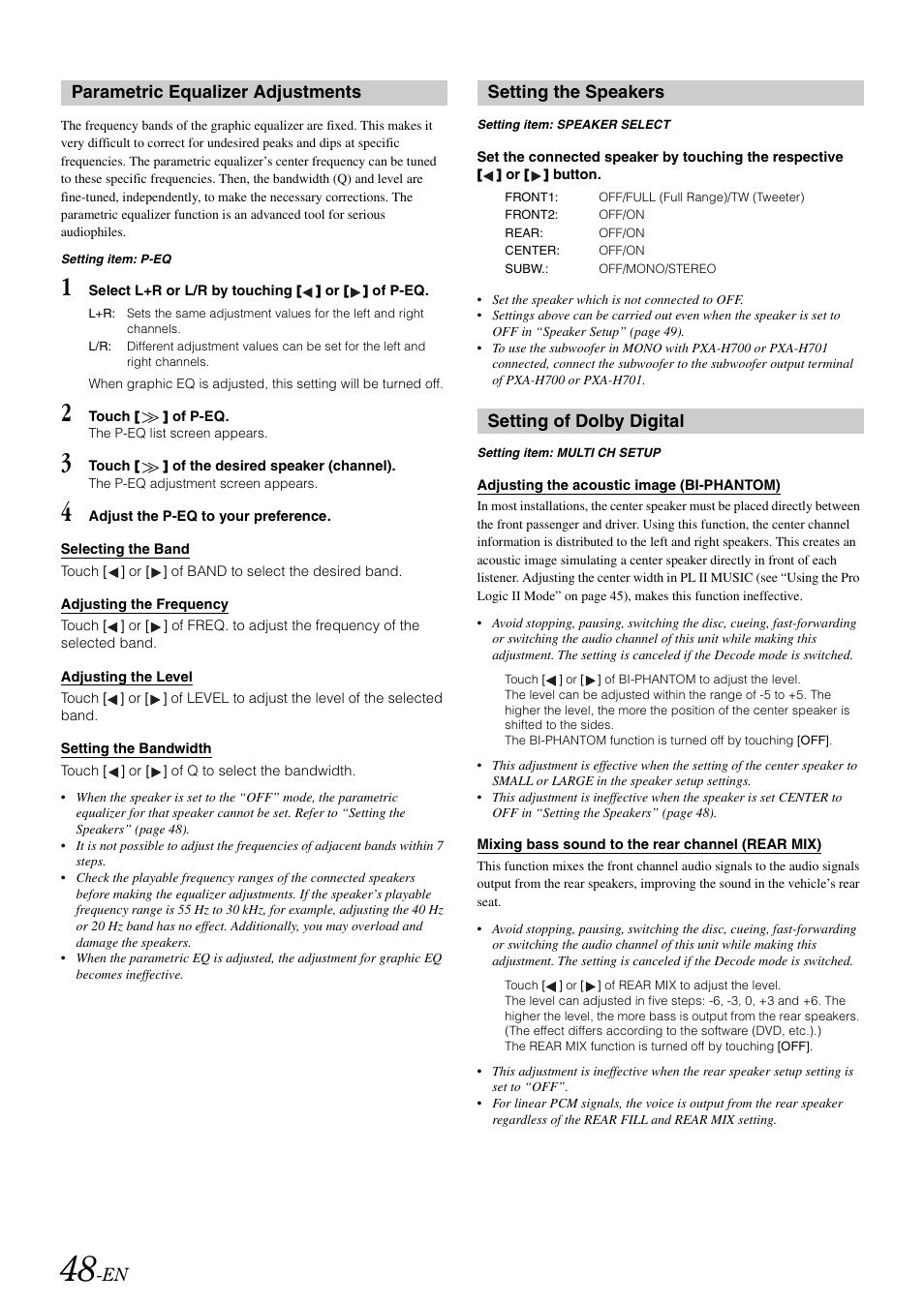 Parametric equalizer adjustments, Setting the speakers, Setting of dolby digital | Alpine IVA-W505 User Manual | Page 50 / 284