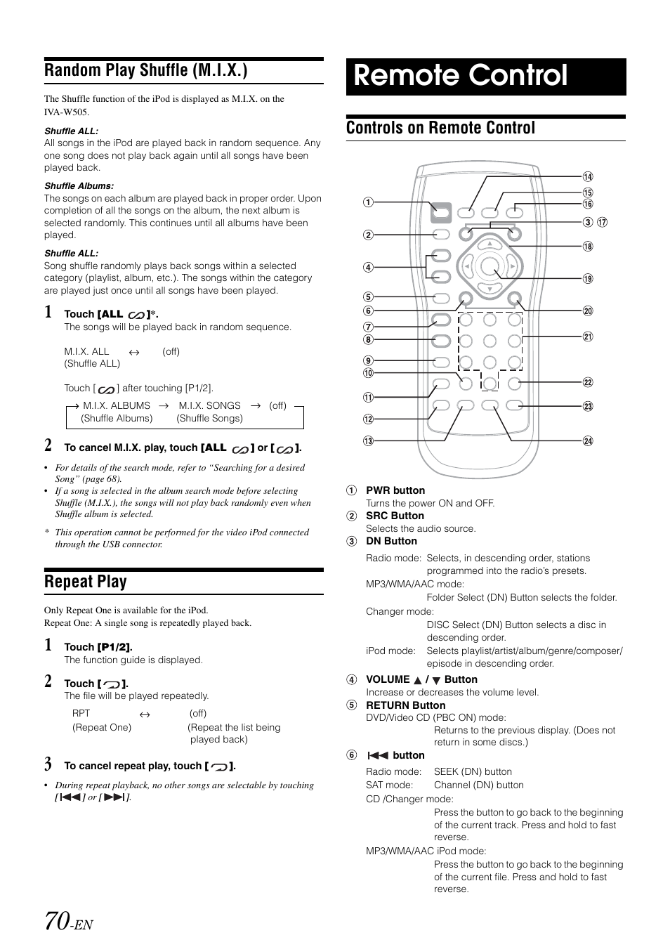 Random play shuffle (m.i.x.), Repeat play, Remote control | Controls on remote control | Alpine IVA-W505 User Manual | Page 72 / 284