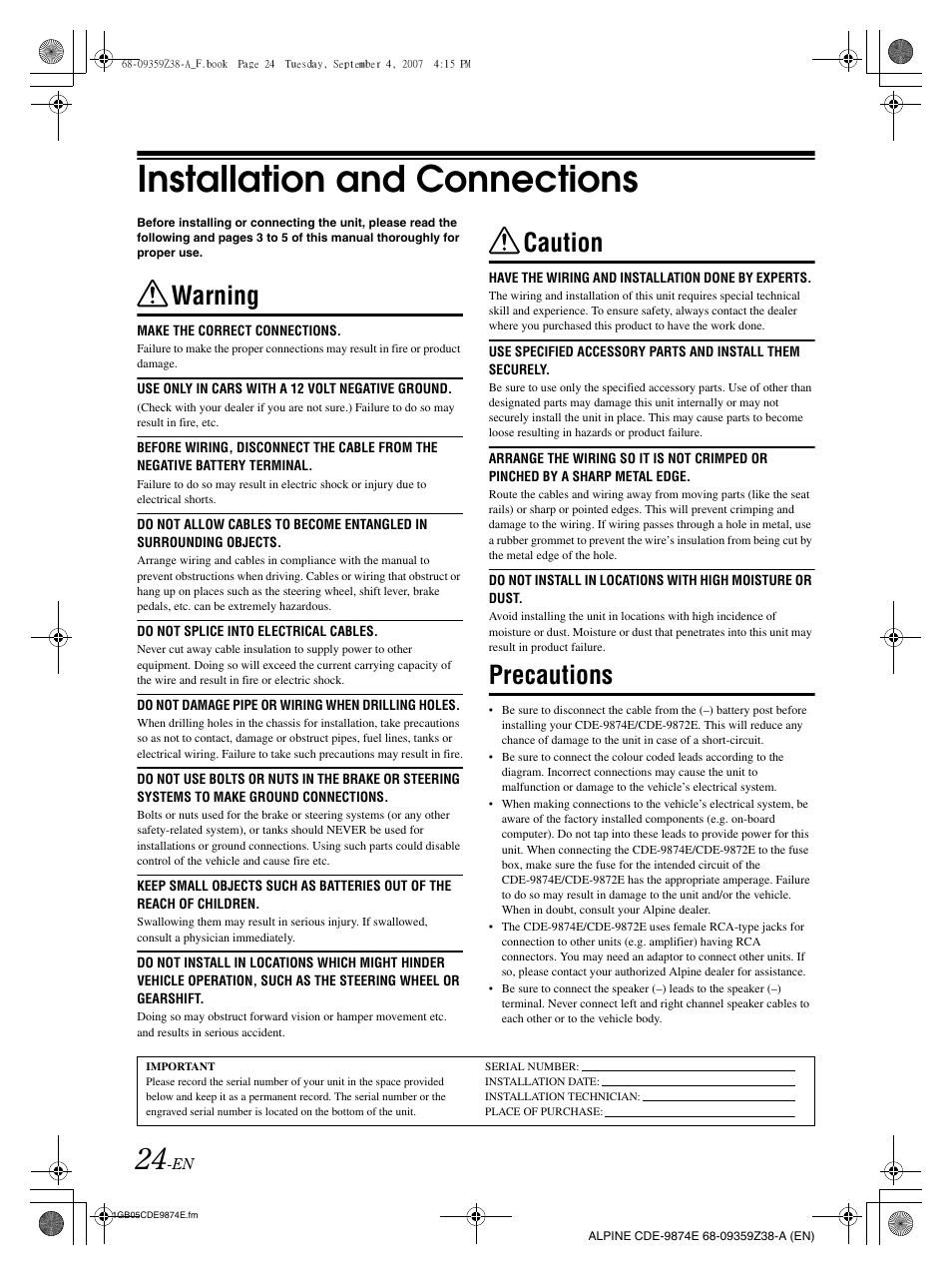 Installation and connections, Warning, Caution | Precautions | Alpine CDE-9874E User Manual | Page 26 / 60