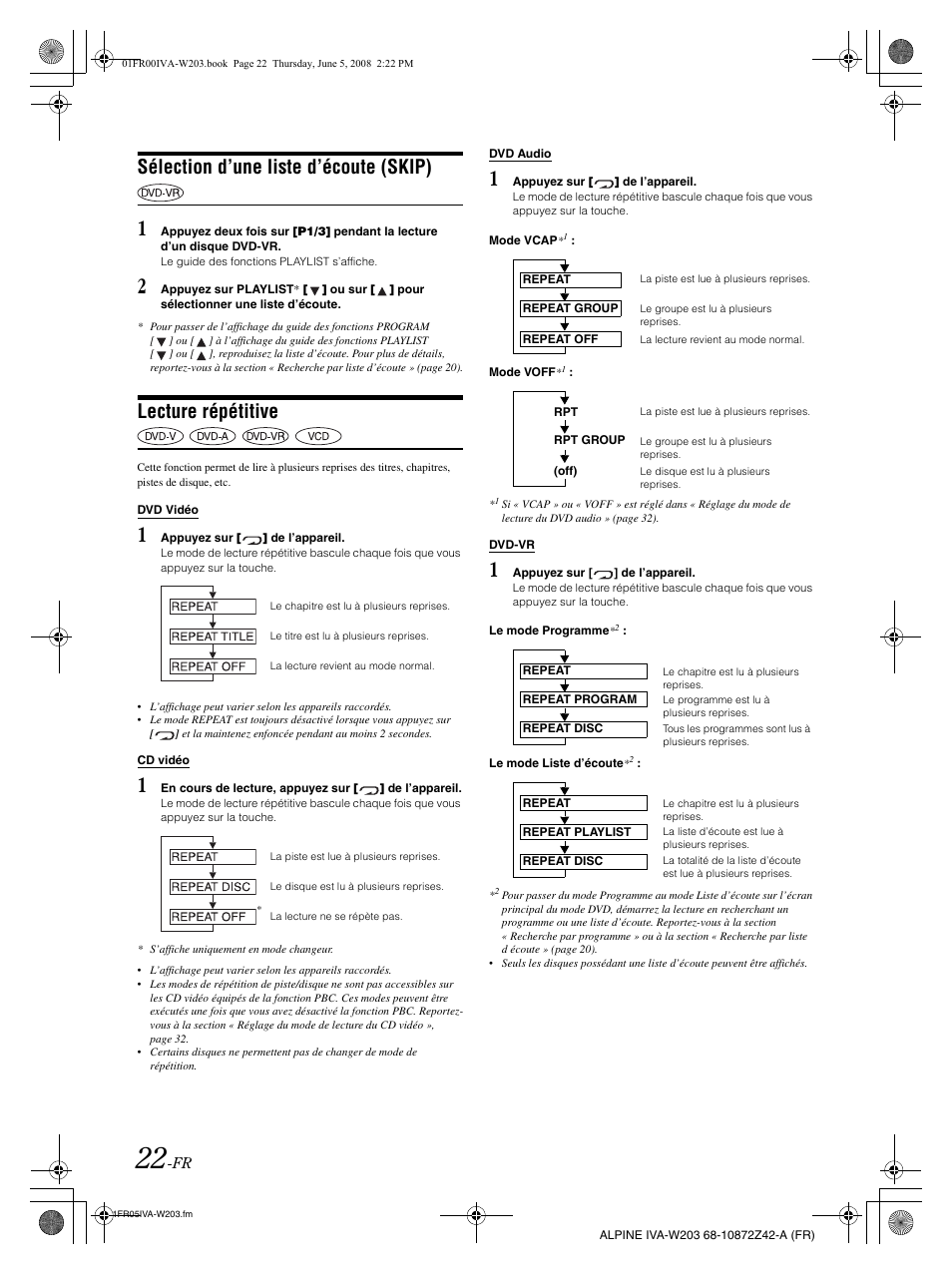 Sélection d’une liste d’écoute (skip), Lecture répétitive | Alpine IVA-W203 User Manual | Page 102 / 240