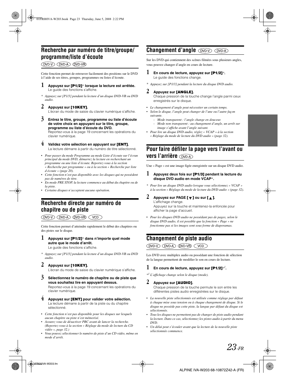 Changement d’angle, Changement de piste audio | Alpine IVA-W203 User Manual | Page 103 / 240