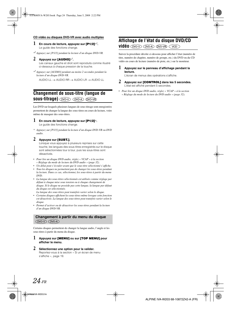 Changement de sous-titre (langue de sous-titrage), Affichage de l’état du disque dvd/cd vidéo | Alpine IVA-W203 User Manual | Page 104 / 240