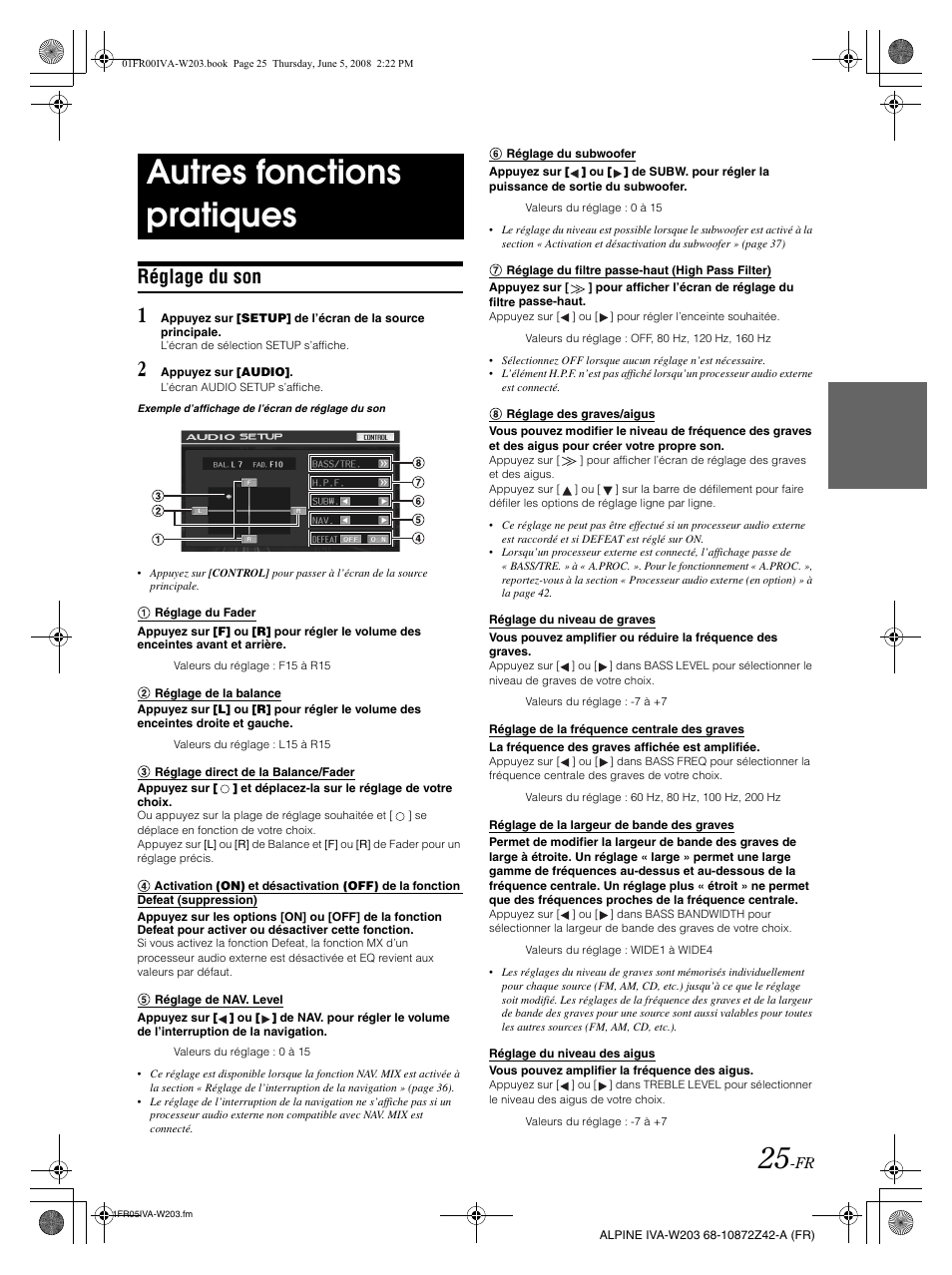 Autres fonctions pratiques, Réglage du son | Alpine IVA-W203 User Manual | Page 105 / 240