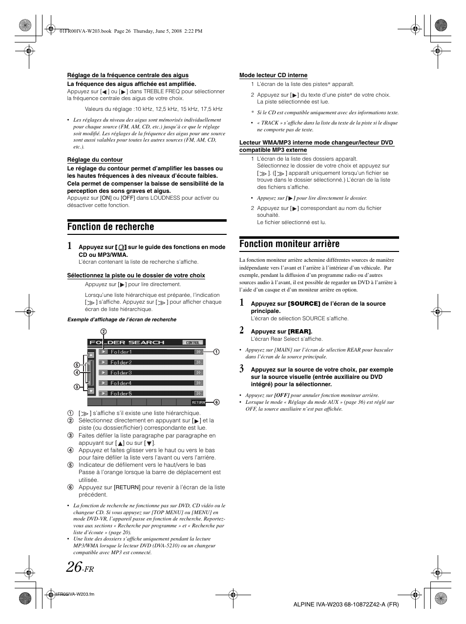 Fonction de recherche, Fonction moniteur arrière | Alpine IVA-W203 User Manual | Page 106 / 240