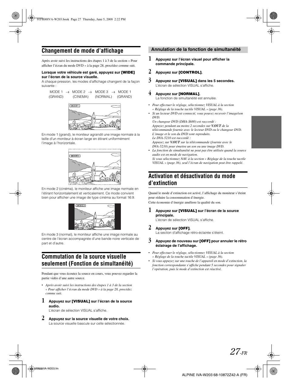 Changement de mode d’affichage, Activation et désactivation du mode d’extinction | Alpine IVA-W203 User Manual | Page 107 / 240