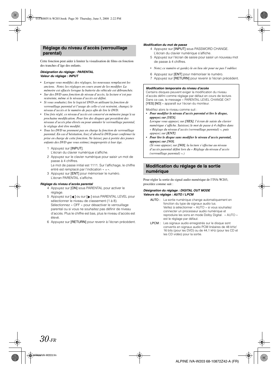 Réglage du niveau d’accès (verrouillage parental), Modification du réglage de la sortie numérique | Alpine IVA-W203 User Manual | Page 110 / 240