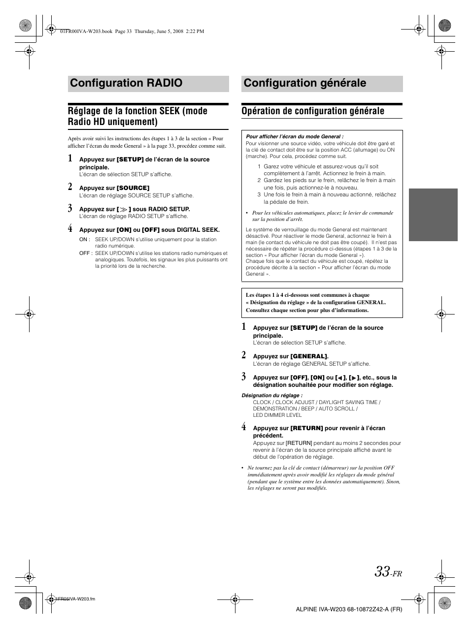 Configuration radio, Configuration générale, Opération de configuration générale | Alpine IVA-W203 User Manual | Page 113 / 240