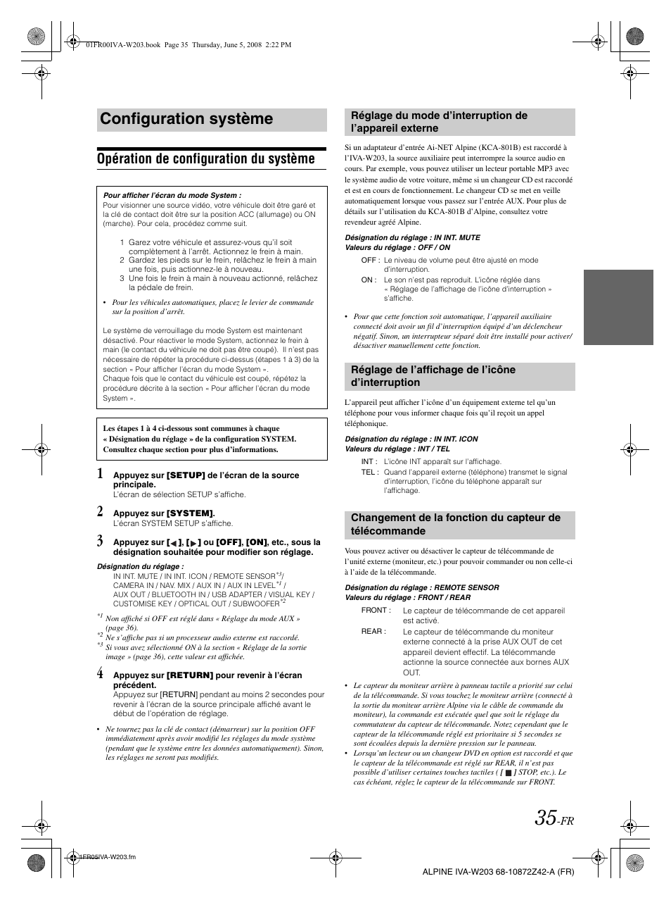 Configuration système, Opération de configuration du système | Alpine IVA-W203 User Manual | Page 115 / 240