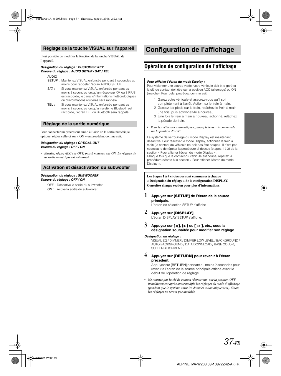 Configuration de l’affichage, Opération de configuration de l’affichage | Alpine IVA-W203 User Manual | Page 117 / 240