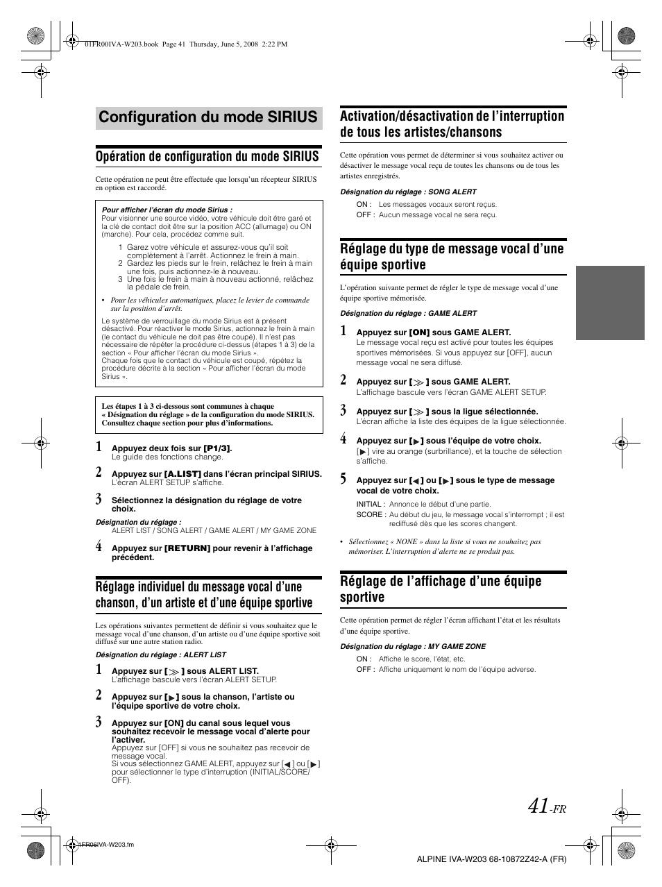 Configuration du mode sirius, Opération de configuration du mode sirius, Réglage de l’affichage d’une équipe sportive | Alpine IVA-W203 User Manual | Page 121 / 240