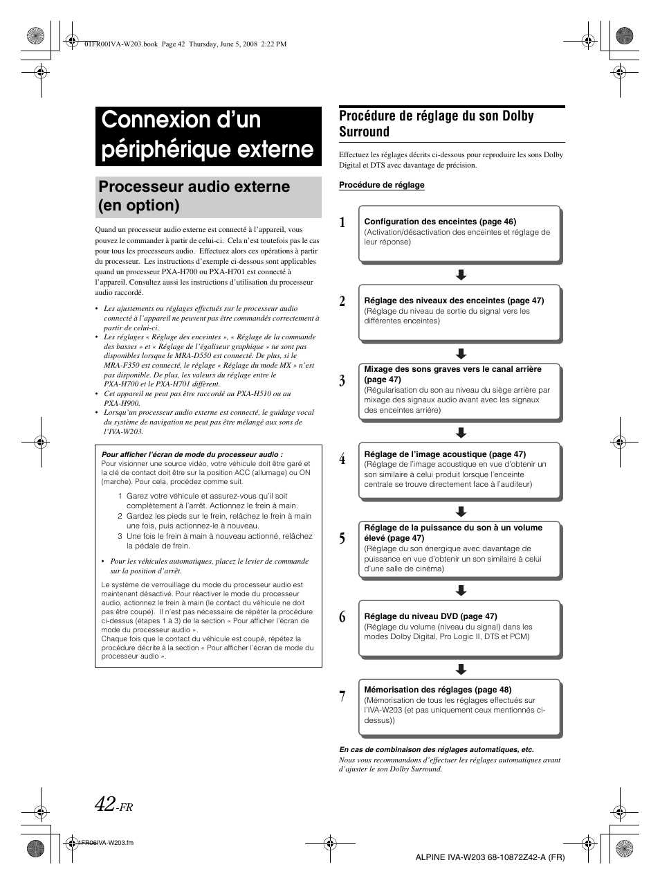 Connexion d’un périphérique externe, Processeur audio externe (en option), Procédure de réglage du son dolby surround | Alpine IVA-W203 User Manual | Page 122 / 240