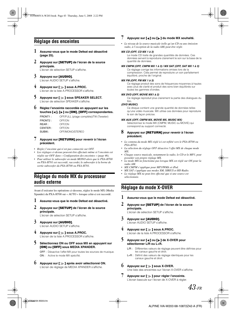 Réglage des enceintes, Réglage du mode mx du processeur audio externe, Réglage du mode x-over | Alpine IVA-W203 User Manual | Page 123 / 240