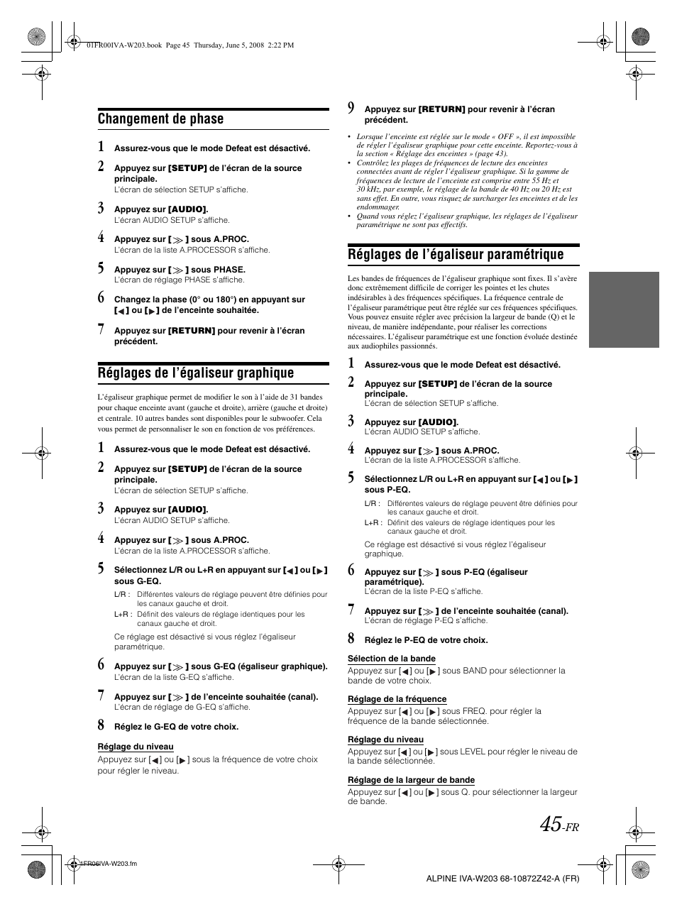 Changement de phase, Réglages de l’égaliseur graphique, Réglages de l’égaliseur paramétrique | Alpine IVA-W203 User Manual | Page 125 / 240