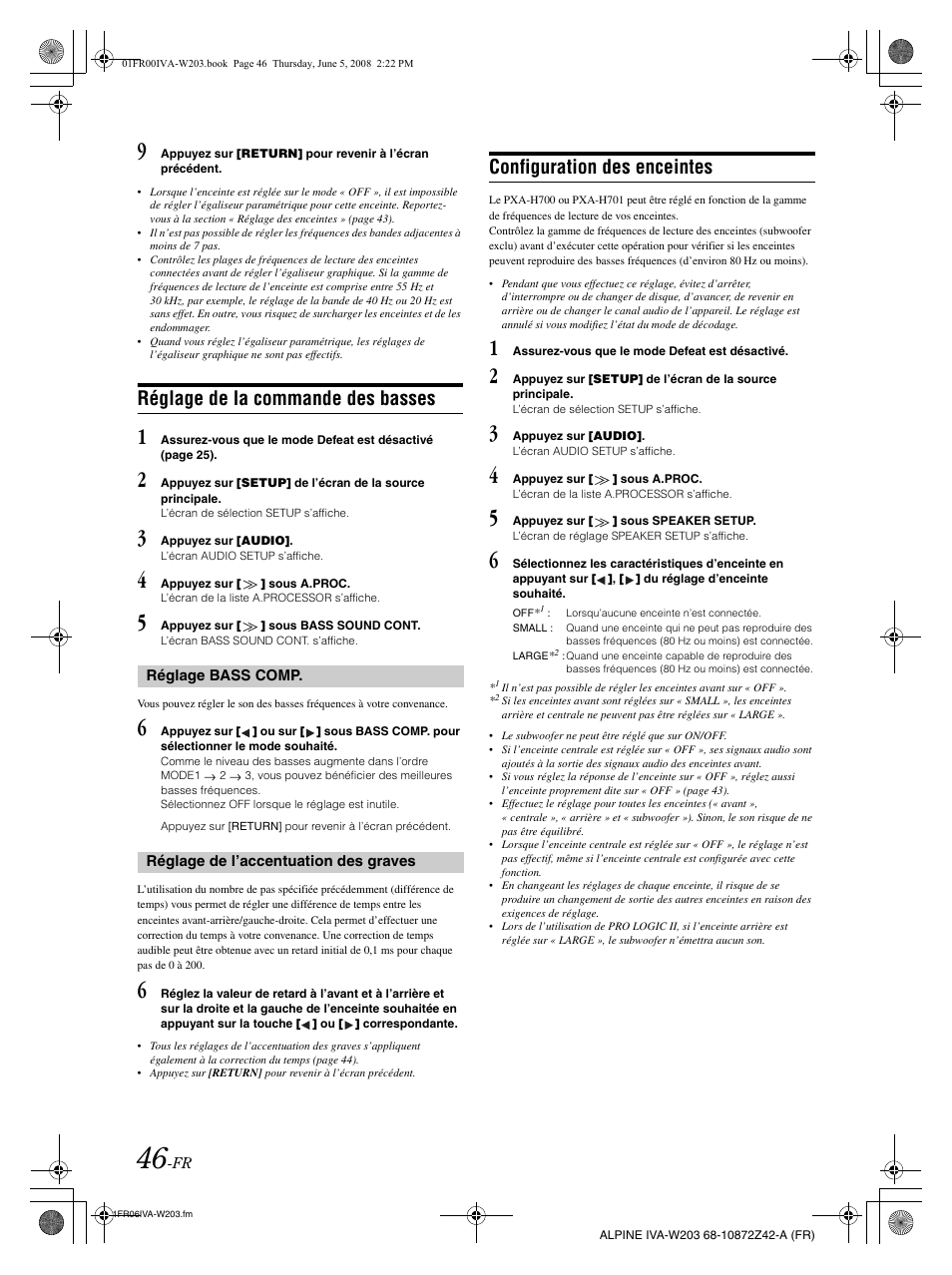 Réglage de la commande des basses, Configuration des enceintes | Alpine IVA-W203 User Manual | Page 126 / 240
