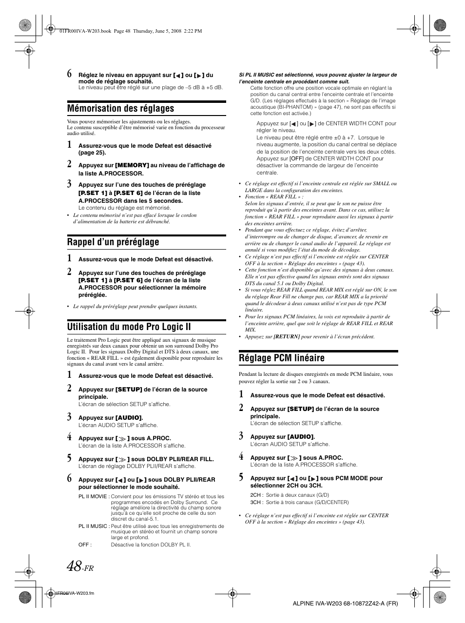 Mémorisation des réglages, Rappel d’un préréglage, Utilisation du mode pro logic ii | Réglage pcm linéaire | Alpine IVA-W203 User Manual | Page 128 / 240