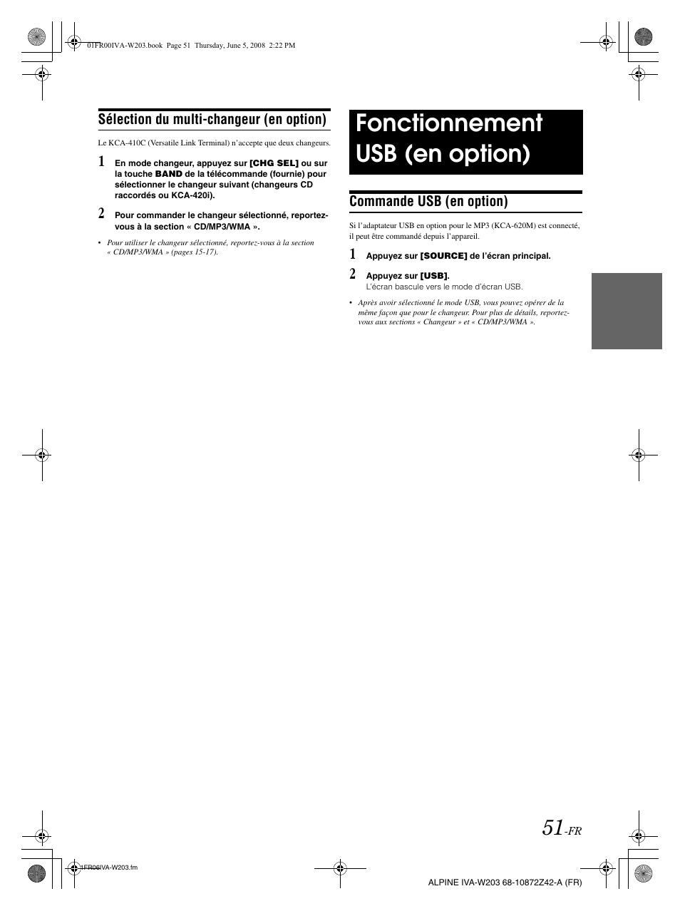 Fonctionnement usb (en option) | Alpine IVA-W203 User Manual | Page 131 / 240