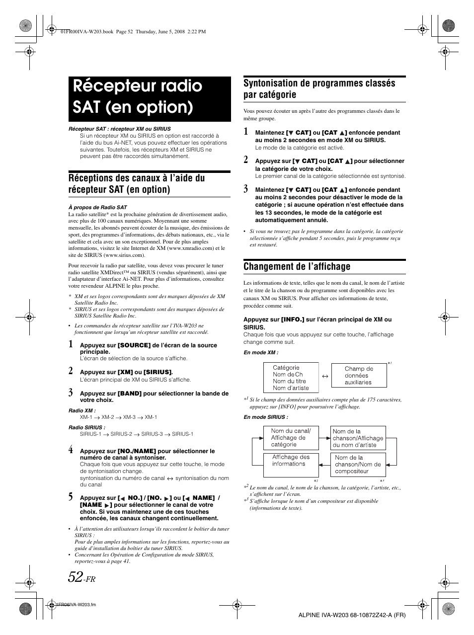 Récepteur radio sat (en option), Syntonisation de programmes classés par catégorie, Changement de l’affichage | Alpine IVA-W203 User Manual | Page 132 / 240