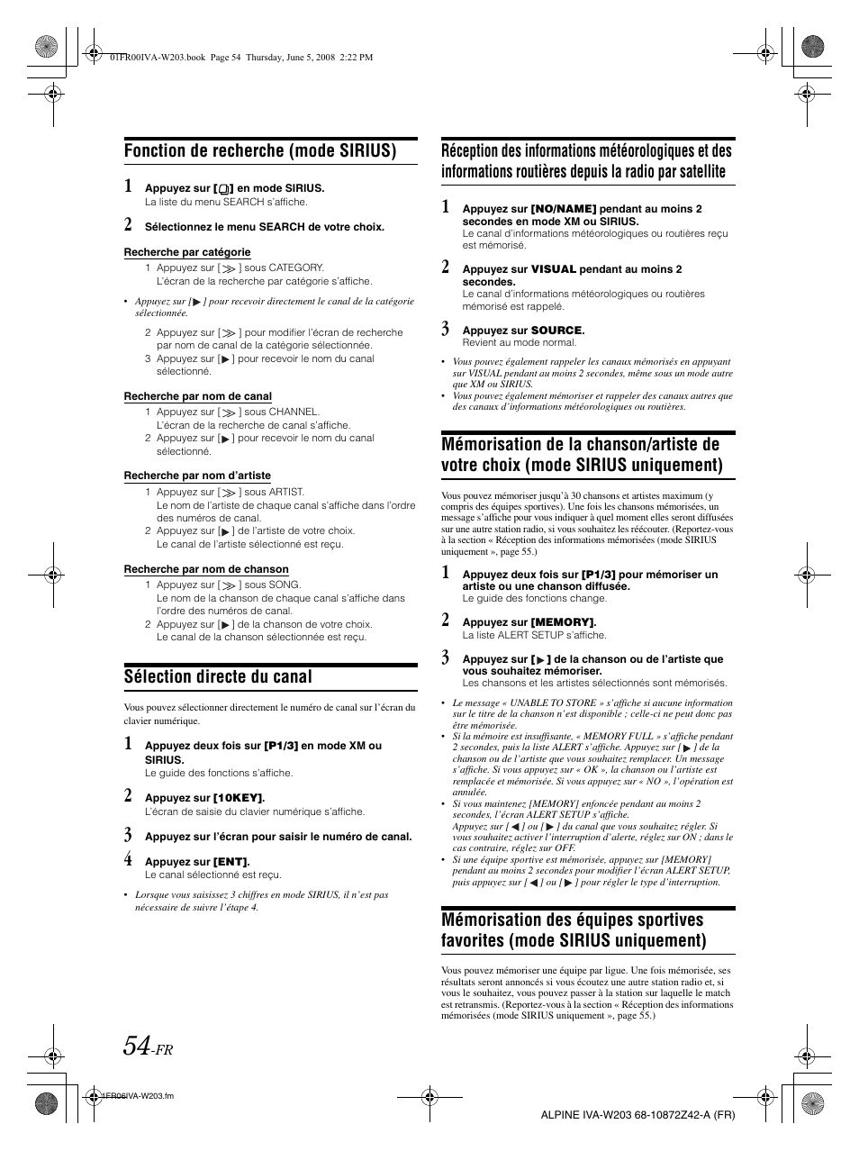Fonction de recherche (mode sirius), Sélection directe du canal | Alpine IVA-W203 User Manual | Page 134 / 240