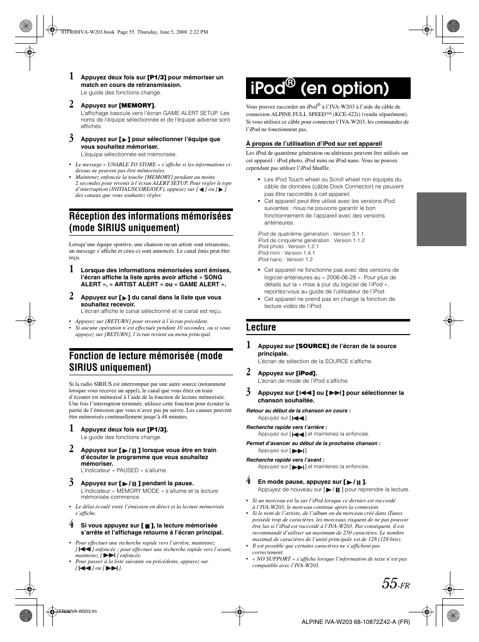Ipod, En option), Lecture | Alpine IVA-W203 User Manual | Page 135 / 240