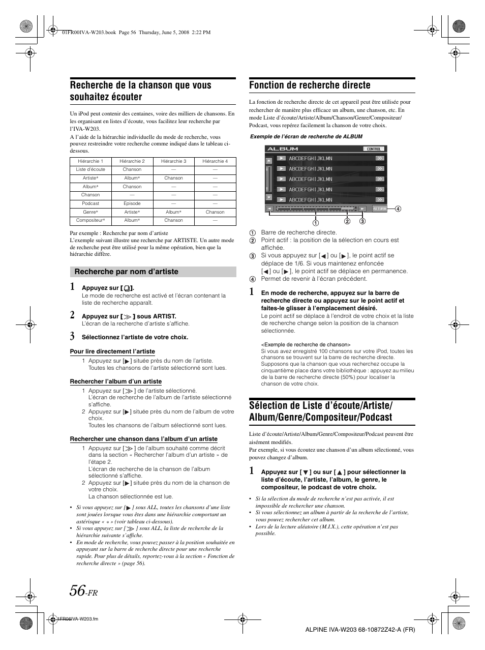 Recherche de la chanson que vous souhaitez écouter, Fonction de recherche directe | Alpine IVA-W203 User Manual | Page 136 / 240